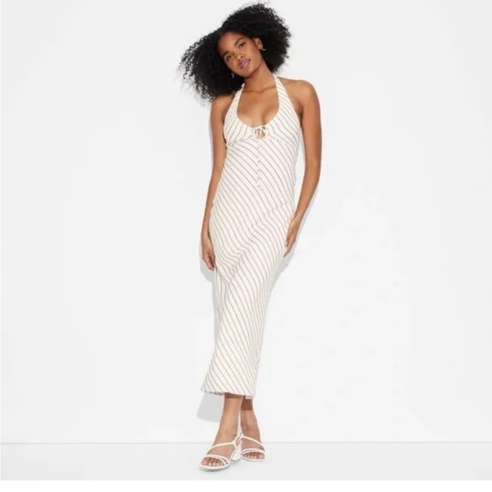 Striped Halter Midi Dress in Cream and navy